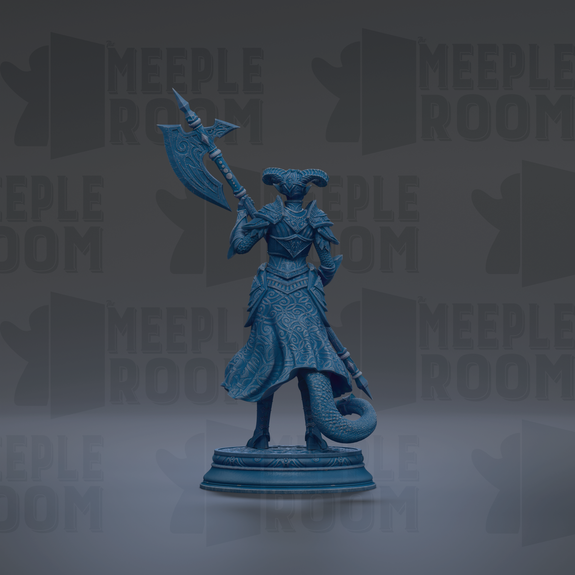 A blue statue of a warrior figure holding a sword and shield, standing on a pedestal against a dark background with repeated text.