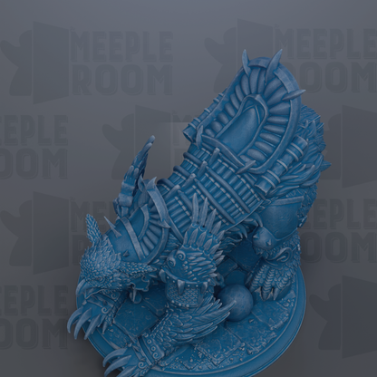 A detailed 3D rendering of a blue armored creature, possibly a dragon or mythical beast, with intricate armor and sharp talons.