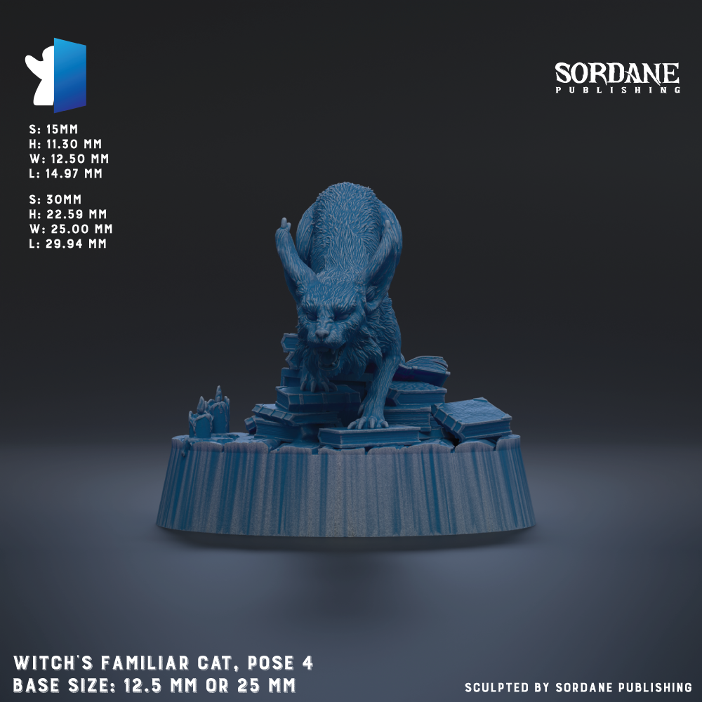 The image is a 3D rendering of a figurine of a cat, specifically a witch's familiar cat, posed on top of a stack of books. The base size of the figurine is either 12.5 mm or 25 mm.