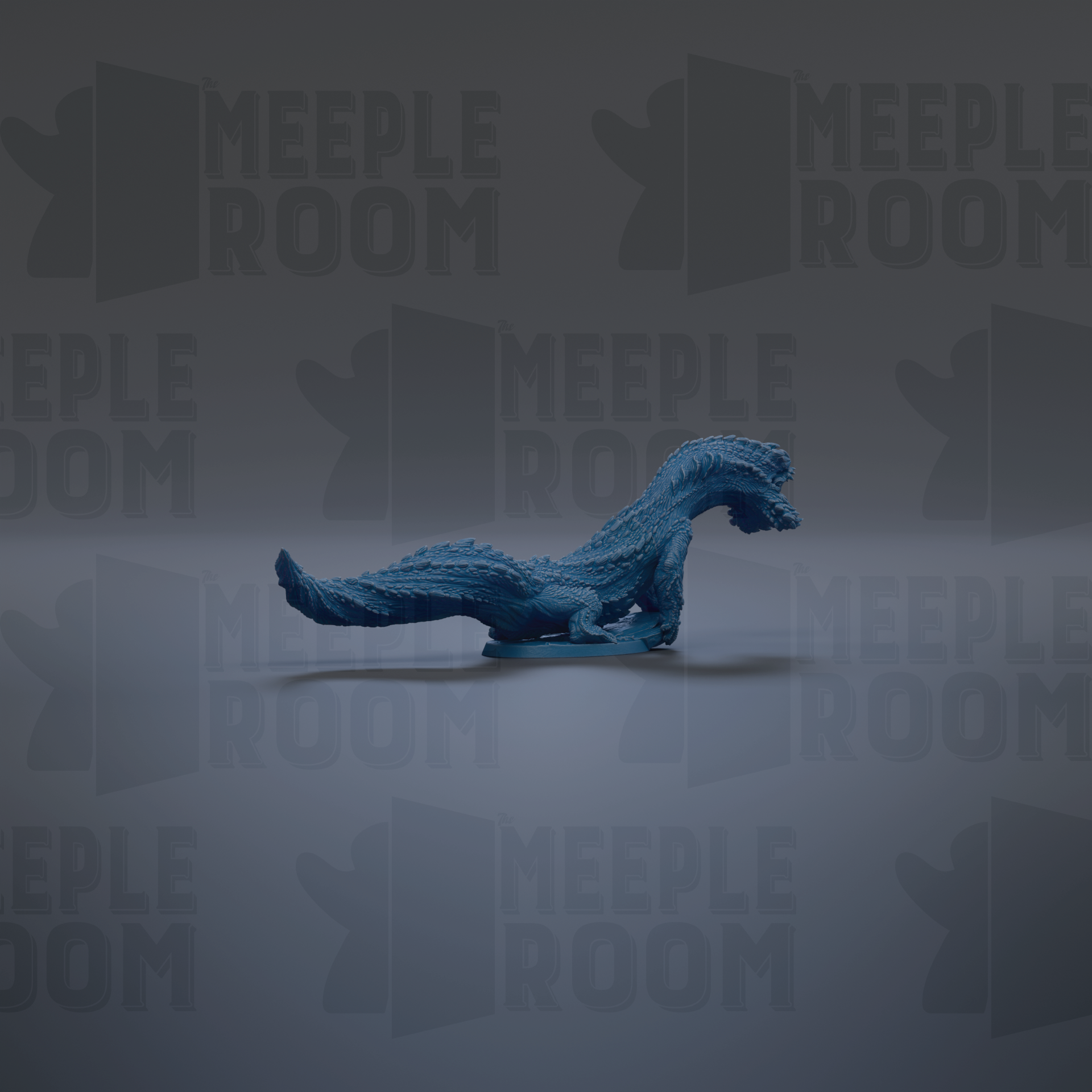 A blue, 3D-rendered dinosaur figurine is shown against a dark background with repeated text.
