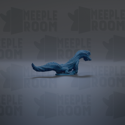 A blue, 3D-rendered dinosaur figurine is shown against a dark background with repeated text.