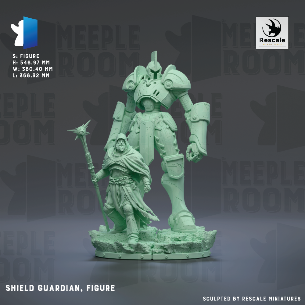 a shield guardian figure and a warrior figure, both of which are part of the "MEIPLE ROOM" series. The shield guardian is depicted in a green color, while the warrior figure is shown in a darker shade of green. The image is a sculpture of the shield guardian and warrior, and it is displayed on a base. The image is a part of the "MEIPLE ROOM" series, as indicated by the text "MEIPLE ROOM" and "MEIPLE ROOM" repeated multiple times throughout the image.