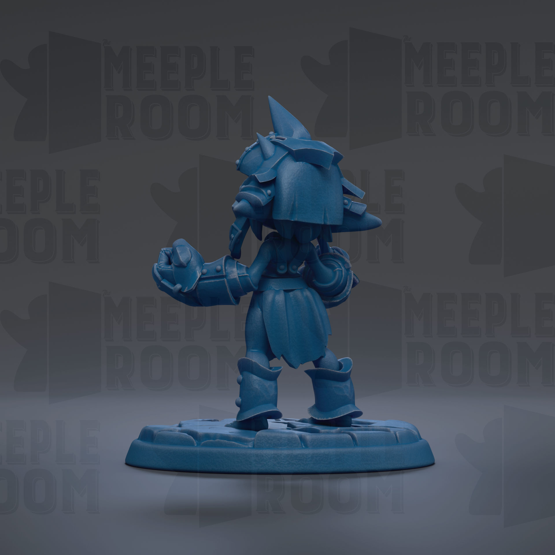 A blue figurine of a character with a pointed hat and armor stands on a base against a dark background with repeated text.