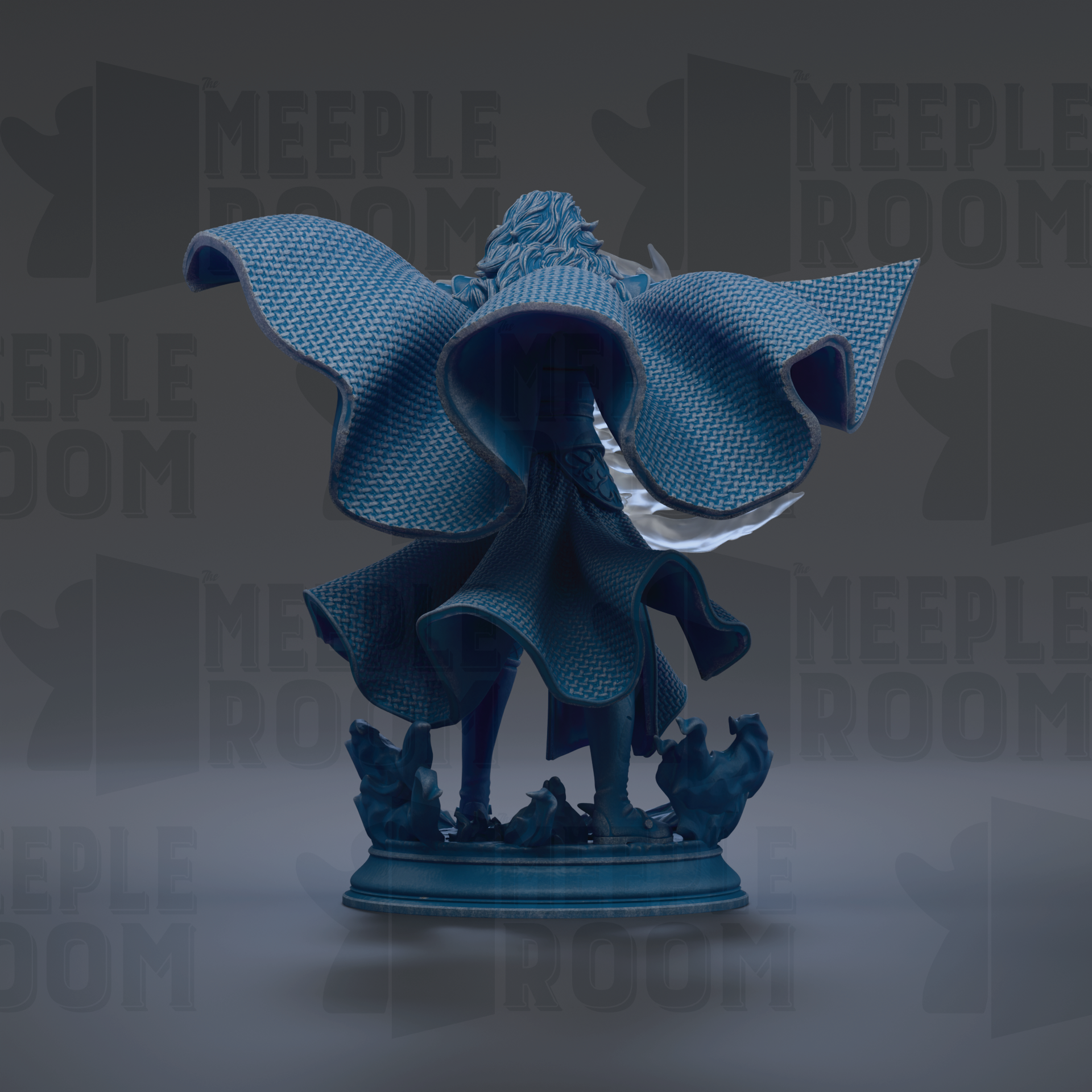 A blue statue of a person with outstretched wings, standing on a pedestal.
