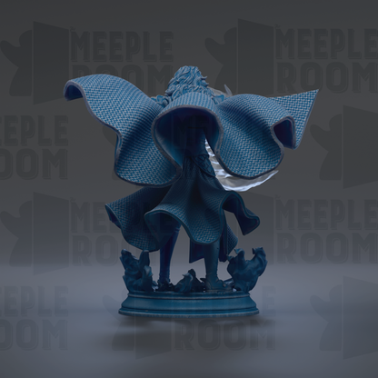 A blue statue of a person with outstretched wings, standing on a pedestal.