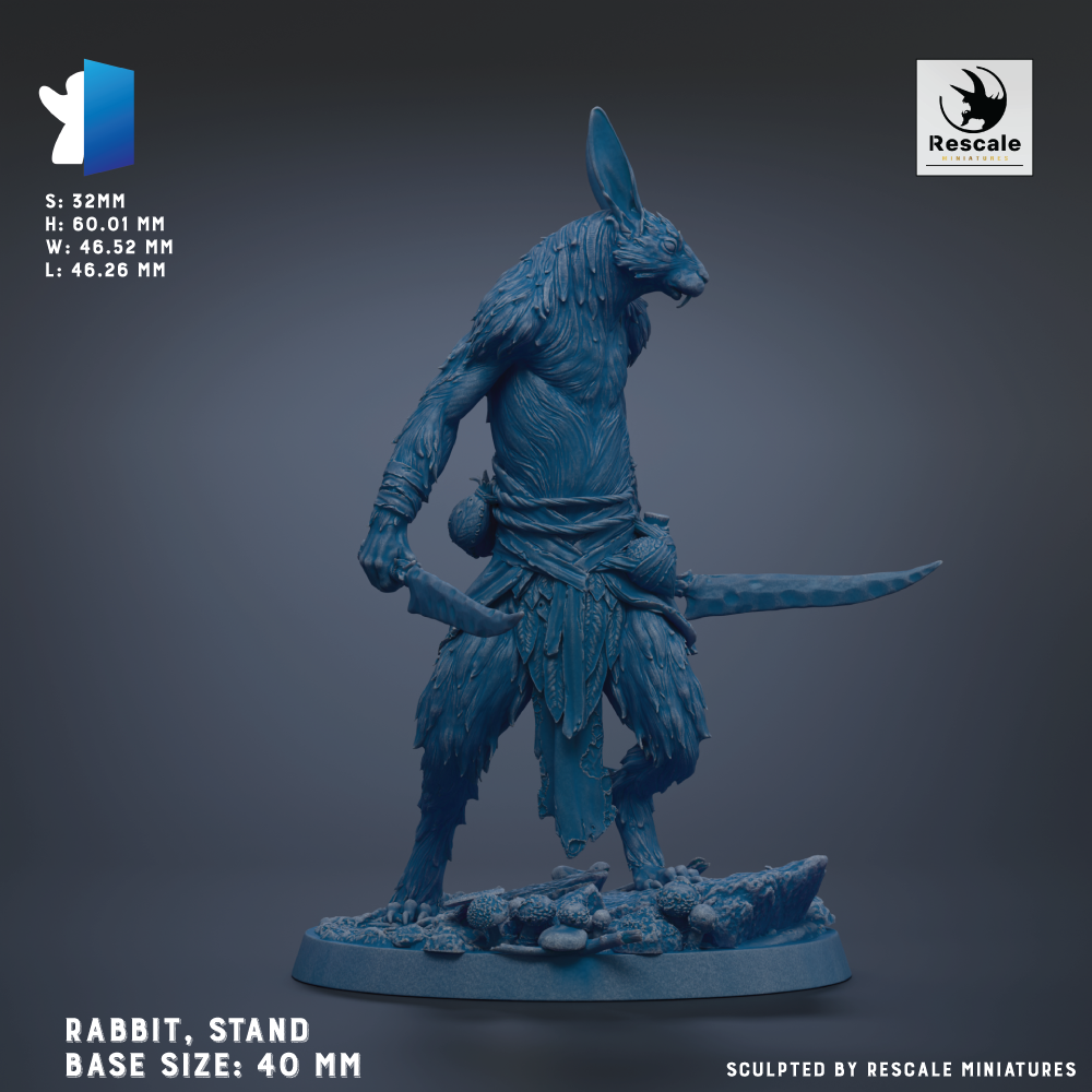 A blue, 3D-rendered rabbit figurine standing on a rock base, holding a sword.