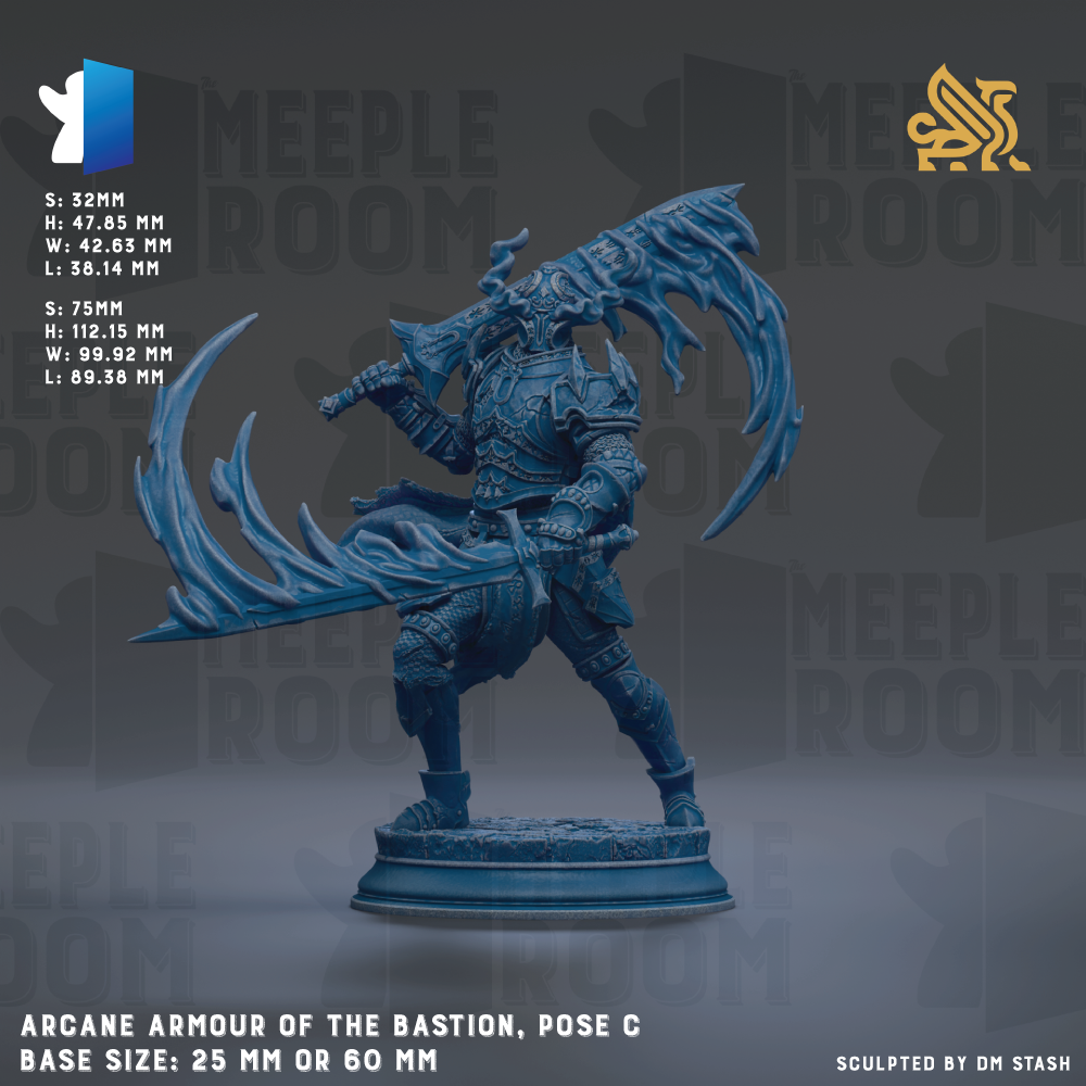 a blue armored figure, specifically the "Arcane Armour of the Bastion", posed in a dynamic fighting stance with a large sword. The figure is shown in a base size of 25mm or 60mm, depending on the perspective. The background is a dark gray color, which contrasts with the blue of the figure and makes it stand out. The image does not contain any text, and the focus is on the figure and its pose.
