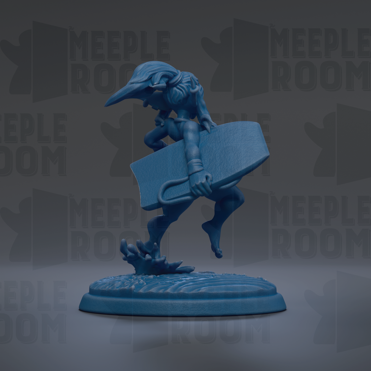 A blue figurine of a surfer holding a surfboard, standing on a platform with water splashing around it.