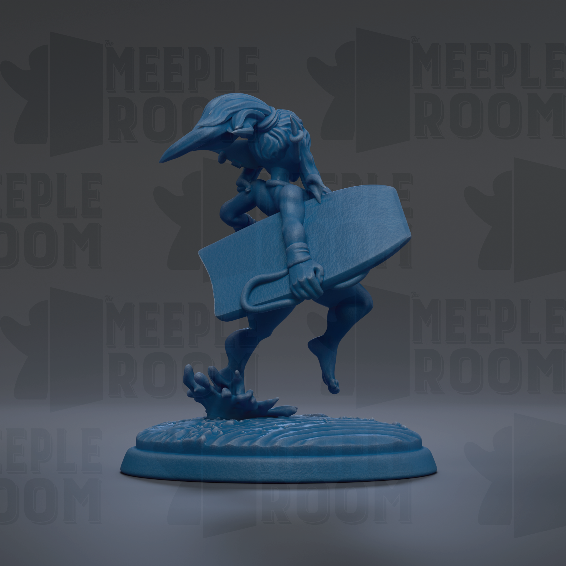 A blue figurine of a surfer holding a surfboard, standing on a platform with water splashing around it.