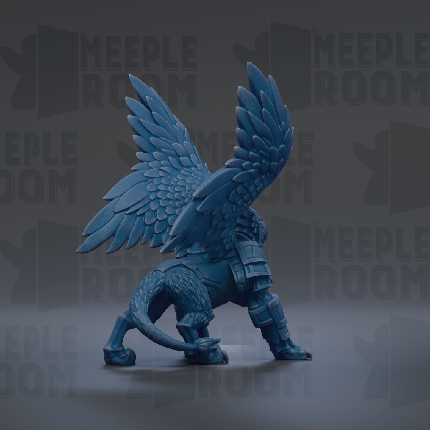 A blue winged statue with a lion-like body and armored legs stands against a dark background with repeated text.