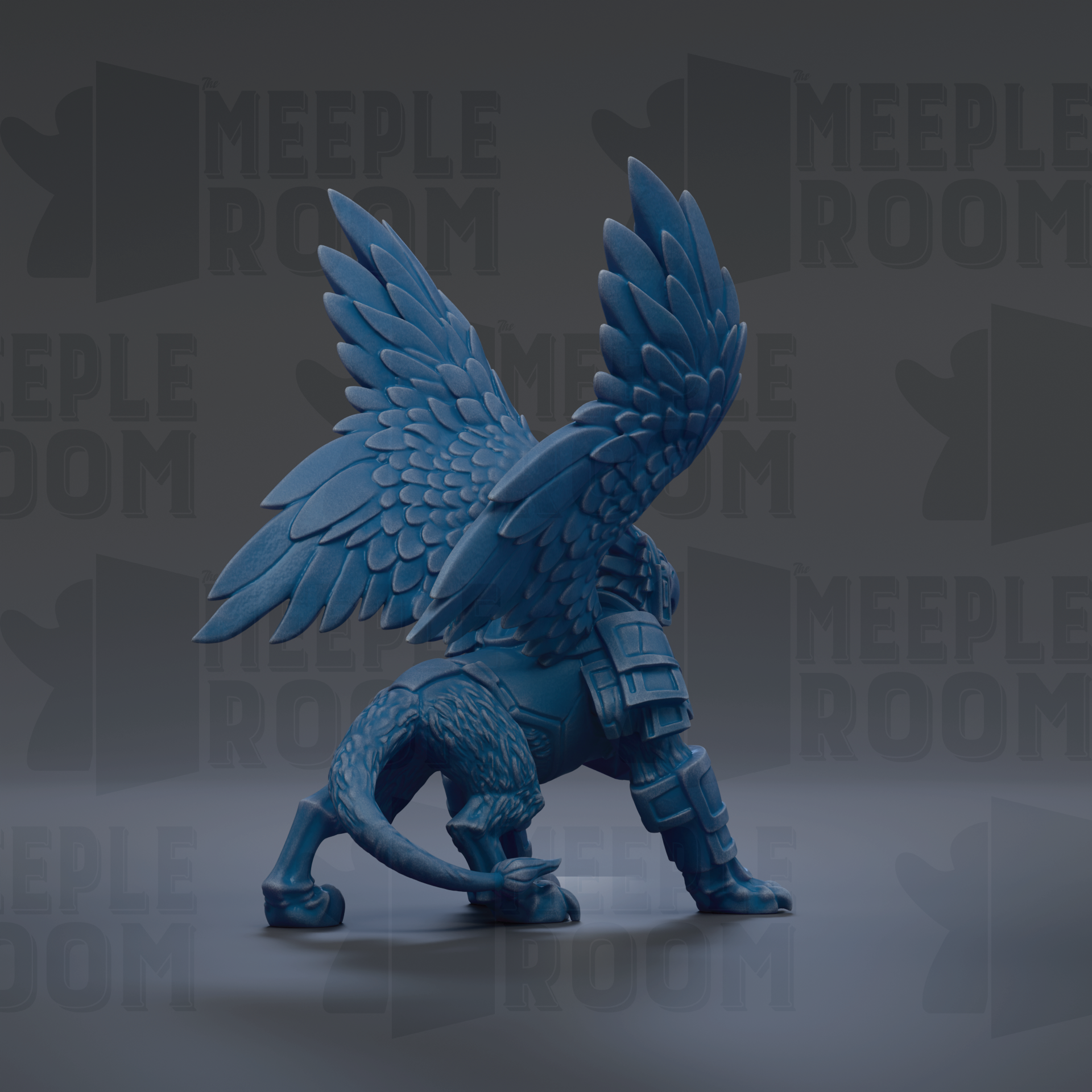 A blue winged statue with a lion-like body and armored legs stands against a dark background with repeated text.