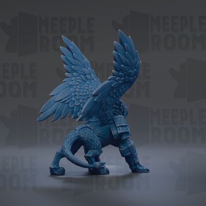 A blue winged statue with a lion-like body and armored legs stands against a dark background with repeated text.