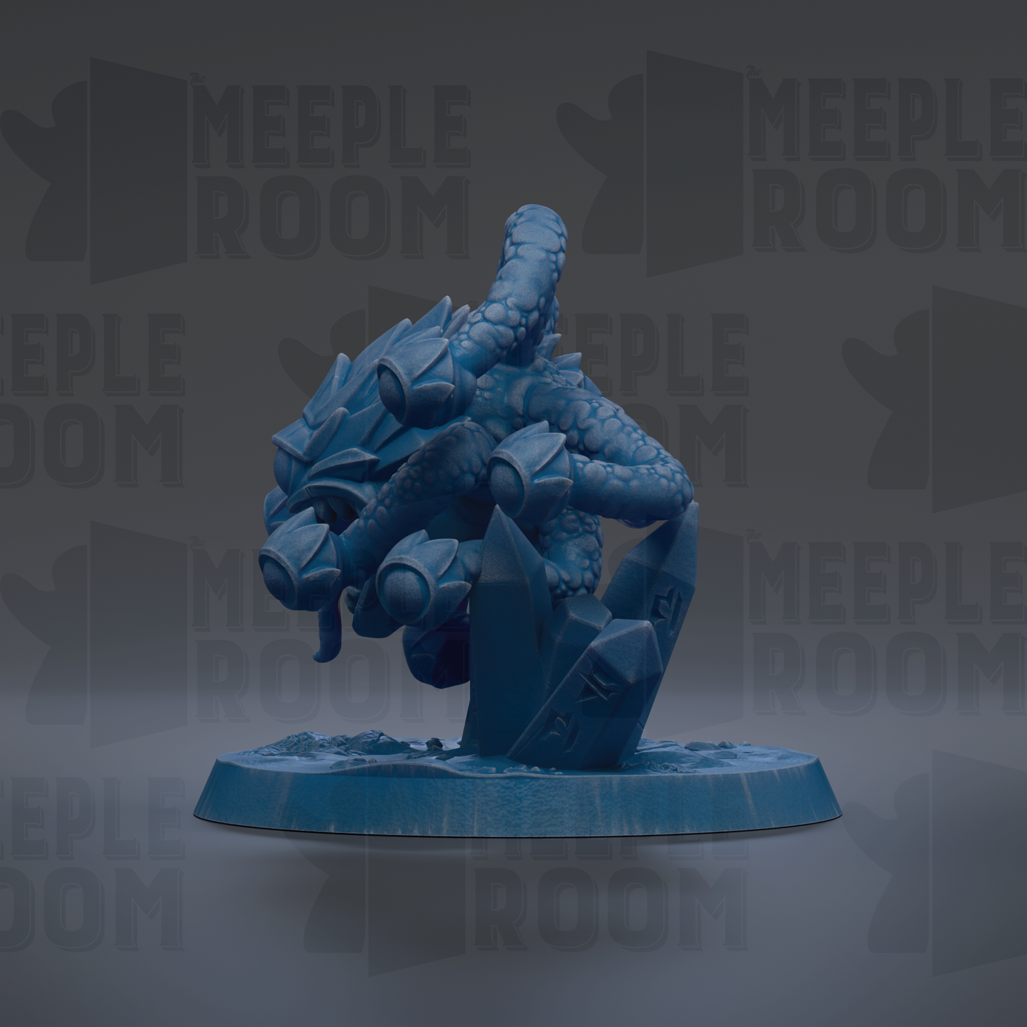 A blue, 3D-rendered figurine of a creature with a long, flexible body and sharp teeth, standing on a blue base.