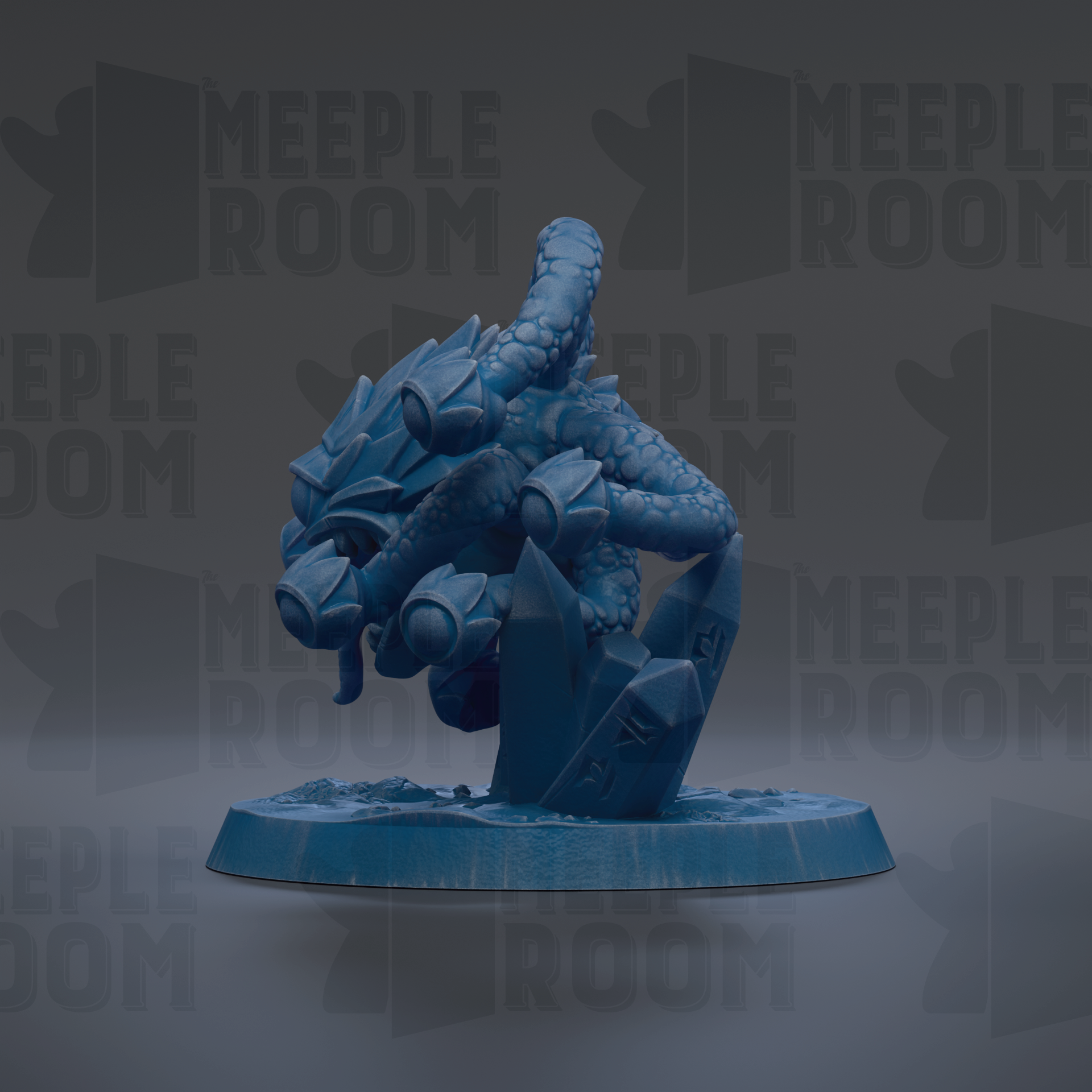 A blue, 3D-rendered figurine of a creature with a long, flexible body and sharp teeth, standing on a blue base.