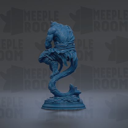 A blue statue of a mythical creature, possibly a dragon or serpent, is displayed against a dark background with repeated text.