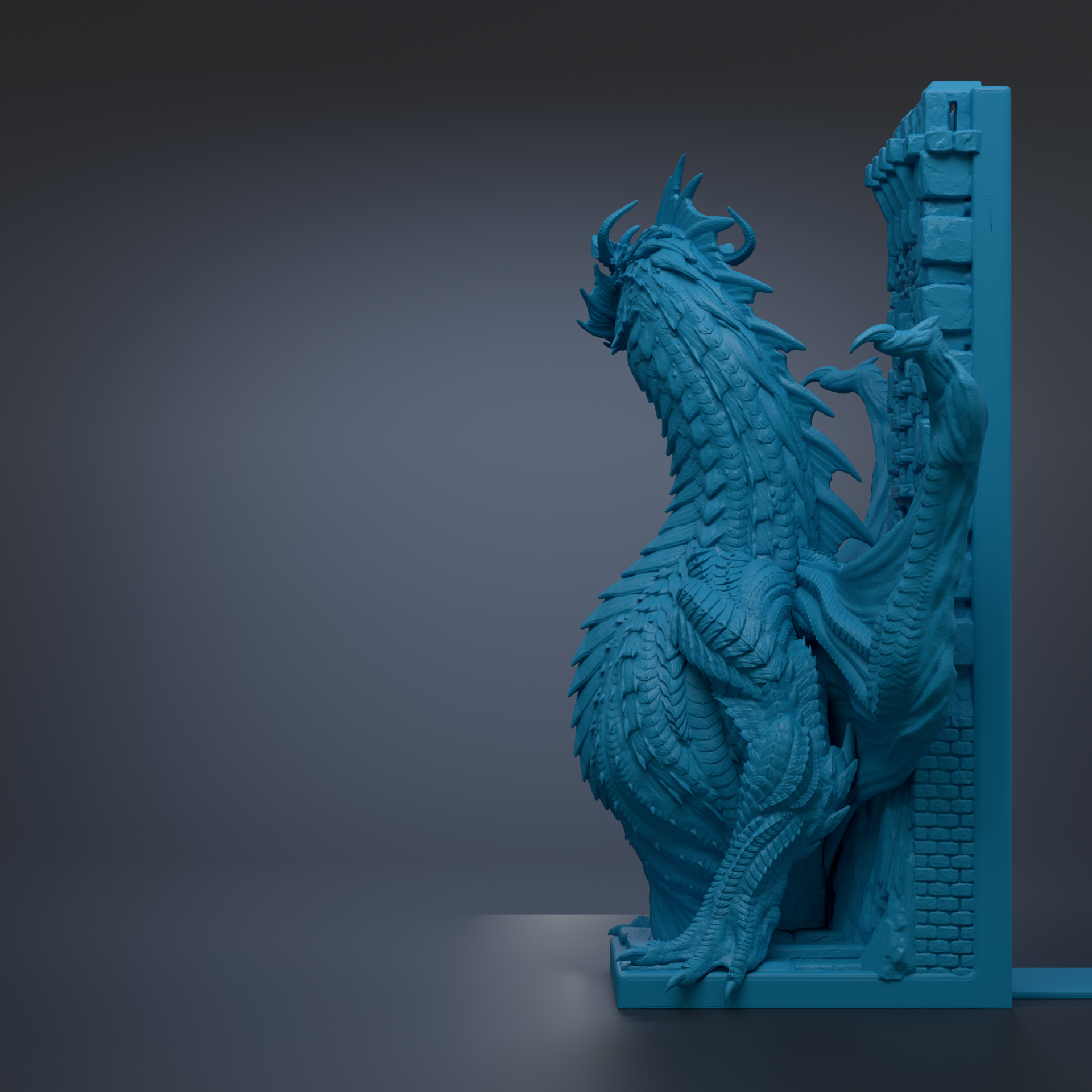 A 3D rendering of a blue dragon statue standing on a pedestal.