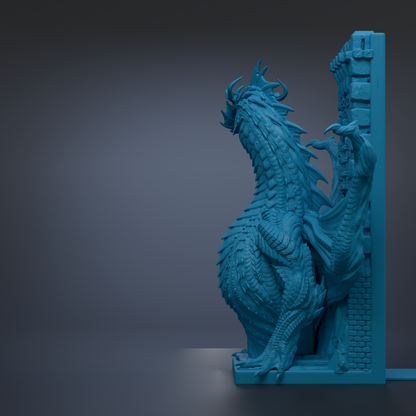 A 3D rendering of a blue dragon statue standing on a pedestal.