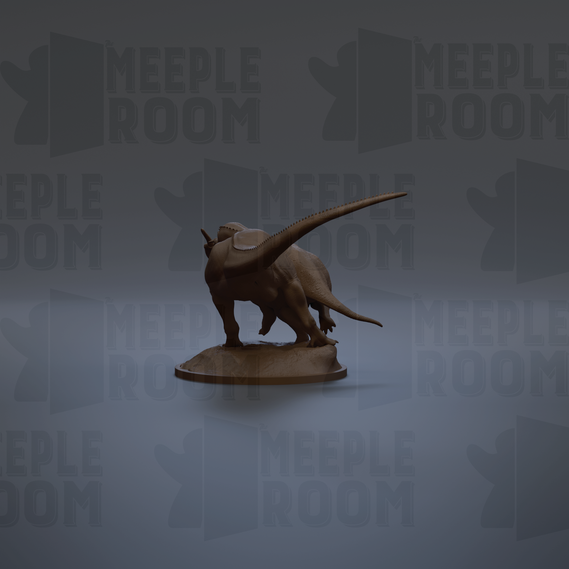 A 3D rendering of a dinosaur statue with a long neck and tail, standing on a pedestal against a dark background with repeated text.