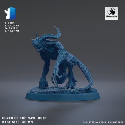 a figurine of a large, blue creature with horns and a long tail, standing on a blue base. The figurine is described as a "COVEN OF THE MAW, HUNT" and is "BASE SIZE: 40 MM". It is also noted that the figurine is "Sculpted by RESCALE MINIATURES".