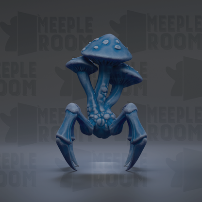 A blue, mushroom-like creature with sharp claws and a large head stands prominently in the center of the image against a dark background.