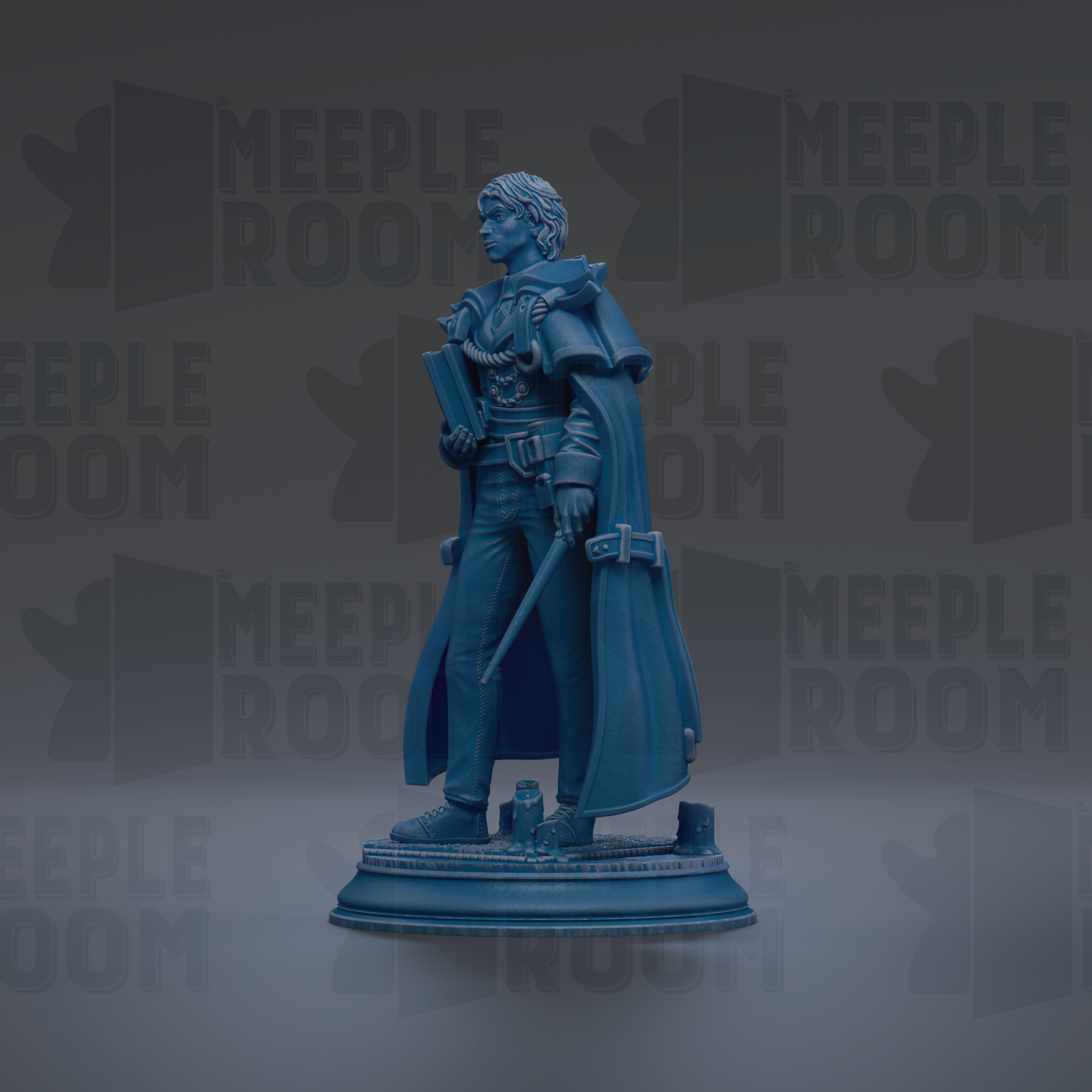 A blue statue of a person standing on a pedestal, holding a book and a sword.