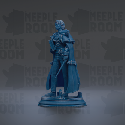 A blue statue of a person standing on a pedestal, holding a book and a sword.