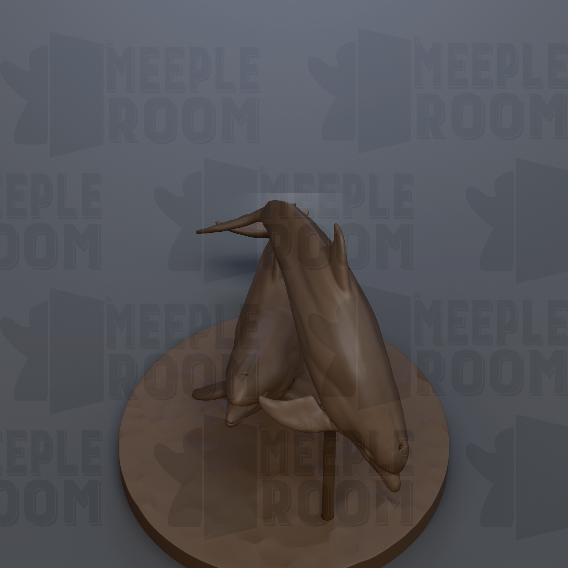 A 3D rendering of a pair of dolphins on a circular base, with the background featuring repeated text that reads "MEEPLE ROOM".