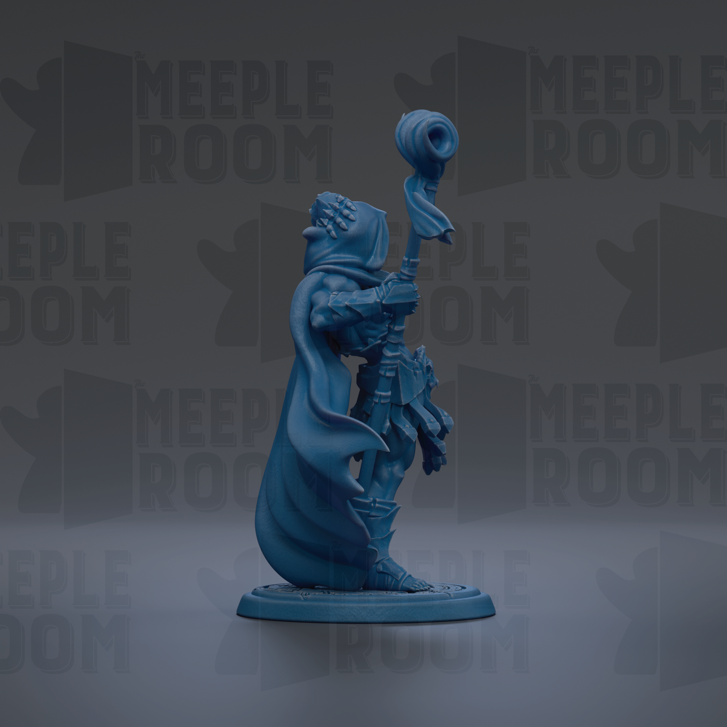 A blue figurine of a character holding a staff and a staff-like object, standing against a dark background with repeated text.