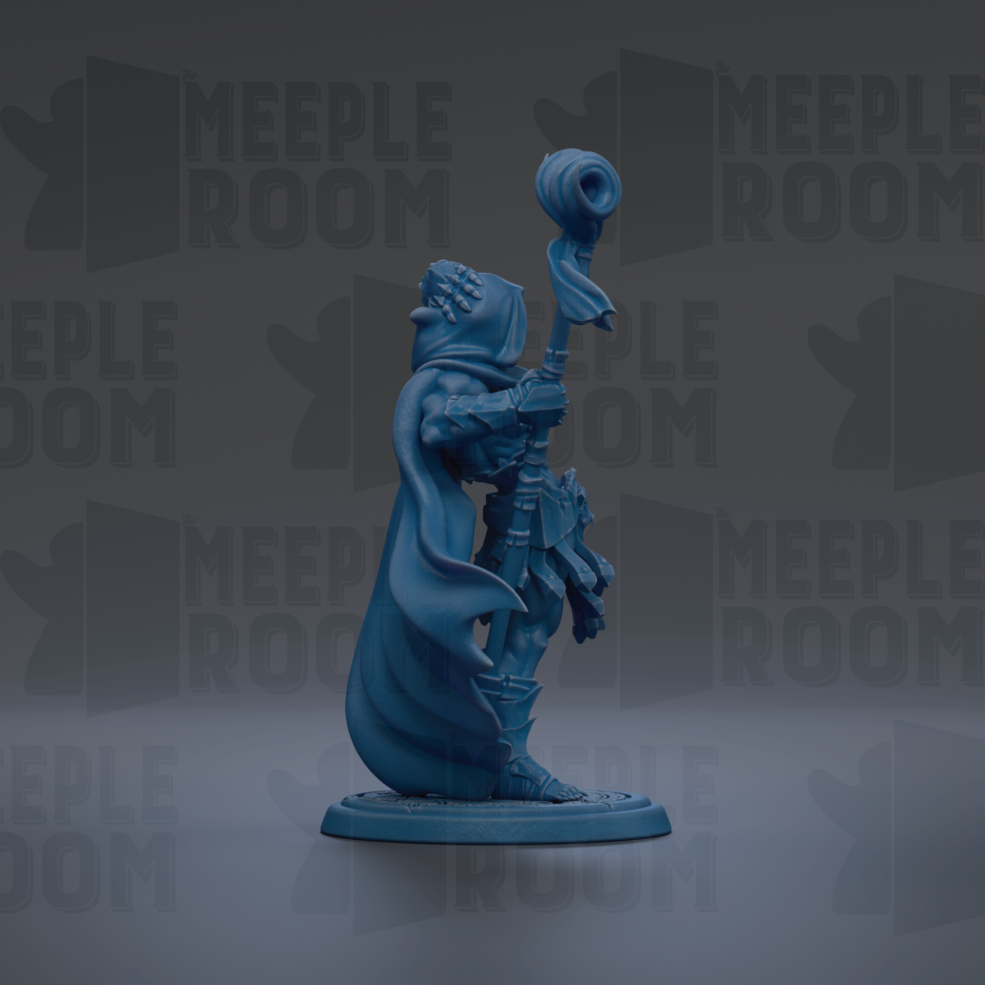 A blue figurine of a character holding a staff and a staff-like object, standing against a dark background with repeated text.