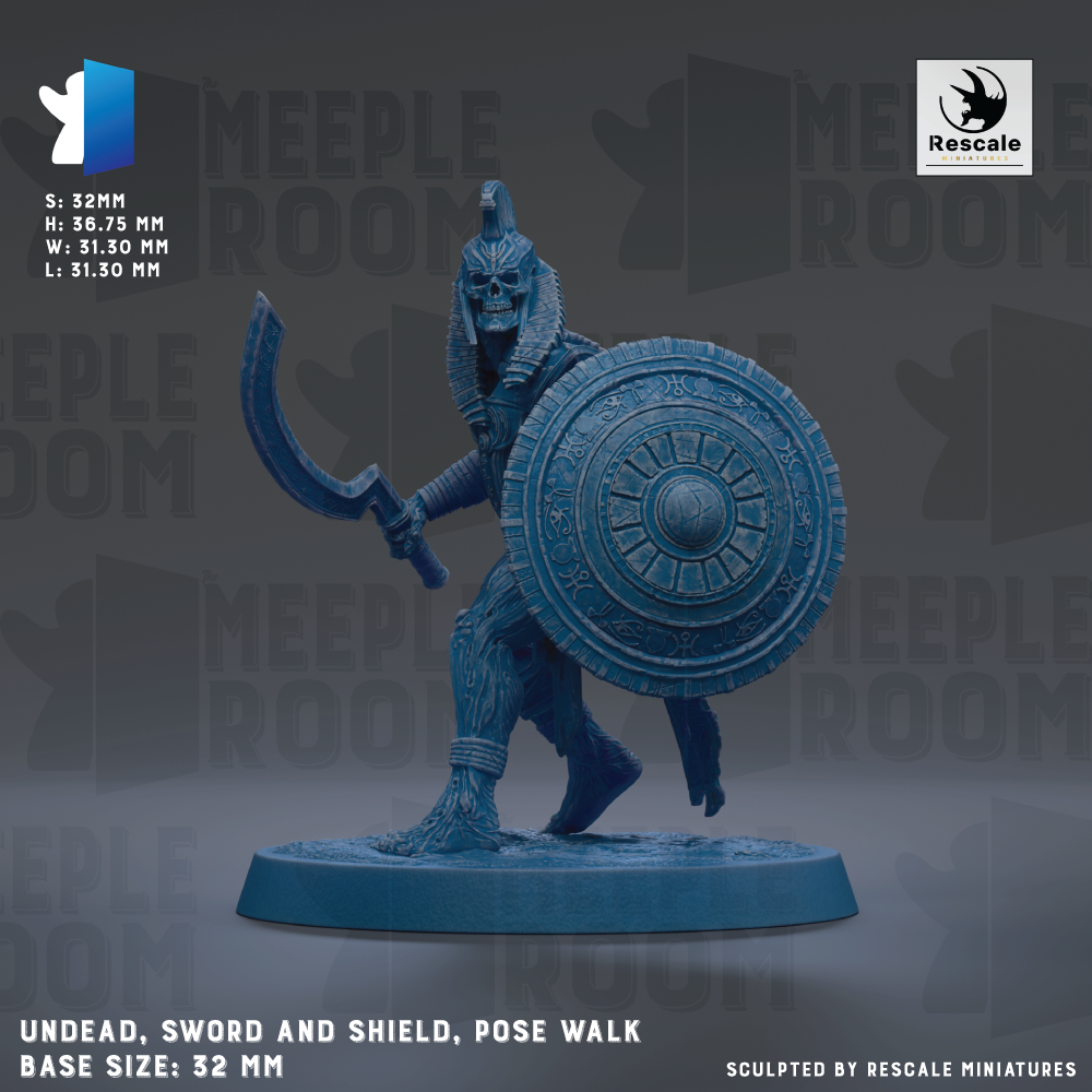 a figurine of a warrior standing on a base, holding a shield and sword. The figurine is blue in color and appears to be made of a material that resembles stone or metal. The figurine is posed in a fighting stance, ready for battle. The base size of the figurine is 32mm.