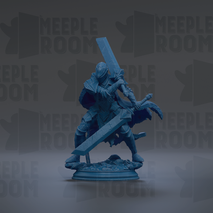 A blue figurine of a warrior wielding a sword and shield stands on a base against a dark background with repeated text.