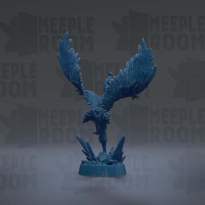 A blue, winged figurine stands on a base, surrounded by a dark background with repeated text.