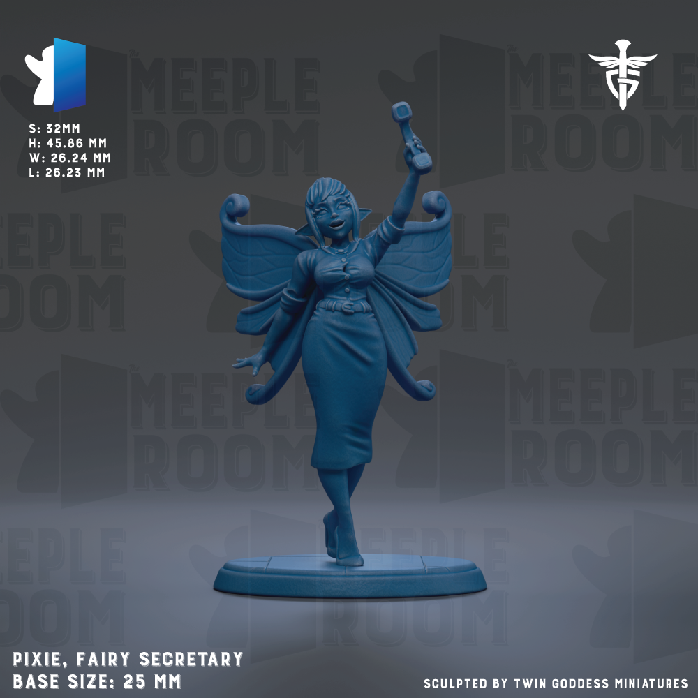 a figurine of a fairy-like character with wings, standing on a base and holding a microphone. The figurine is described as a "PIXIE, FAREY SECRETARY" and has a base size of 25mm. The background of the image is a dark gray color with the words "MELLOW ROOM" repeated multiple times.
