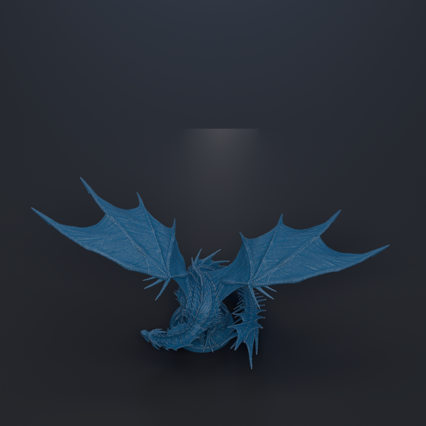 A blue dragon-like creature with outstretched wings is depicted against a dark background.
