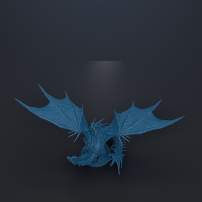 A blue dragon-like creature with outstretched wings is depicted against a dark background.