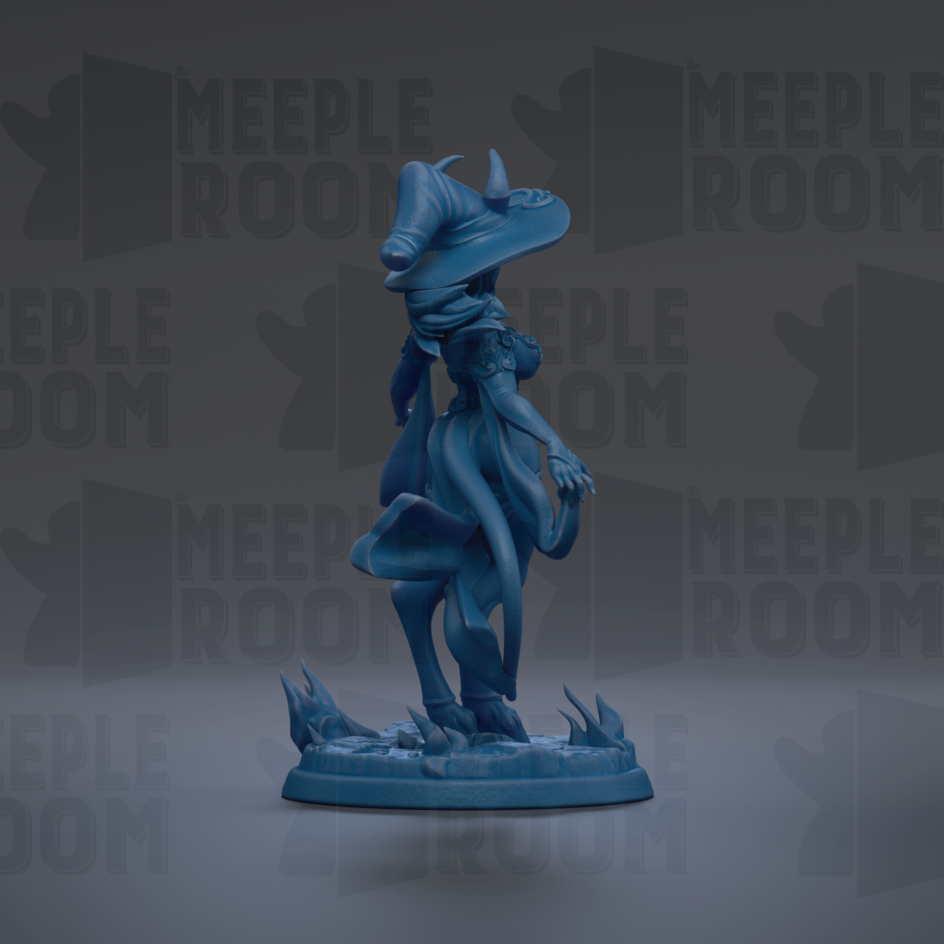A blue figurine of a person wearing a hat, standing on a base with flames or fire-like elements.