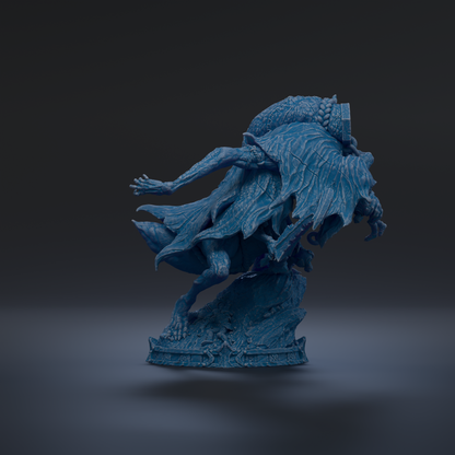 A blue, 3D-rendered statue of a fantastical creature with a large head and long, flowing body, standing on a rock formation against a dark background.