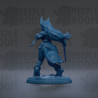 A blue figurine of a warrior-like character with long hair and a flowing cape, standing on a base and holding a weapon.