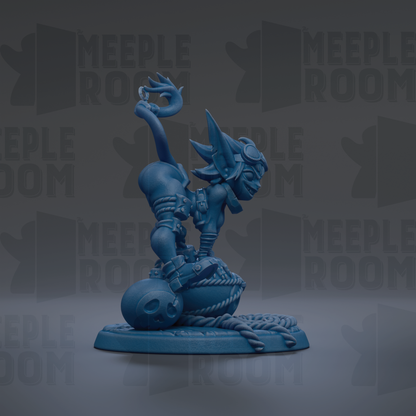 A blue figurine of a cat-like creature with horns and a skull-like head, sitting on a base with a rope around it, against a dark background with repeated text.