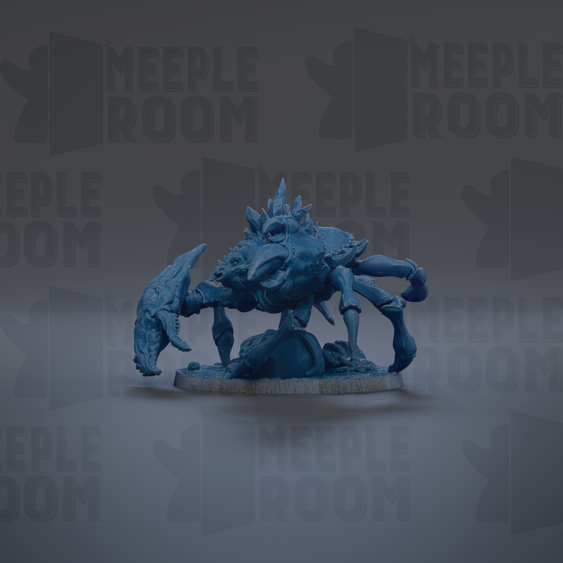 A blue, 3D-rendered creature resembling a spider or crab is shown against a dark background with repeated text.