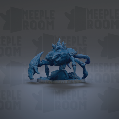 A blue, 3D-rendered creature resembling a spider or crab is shown against a dark background with repeated text.