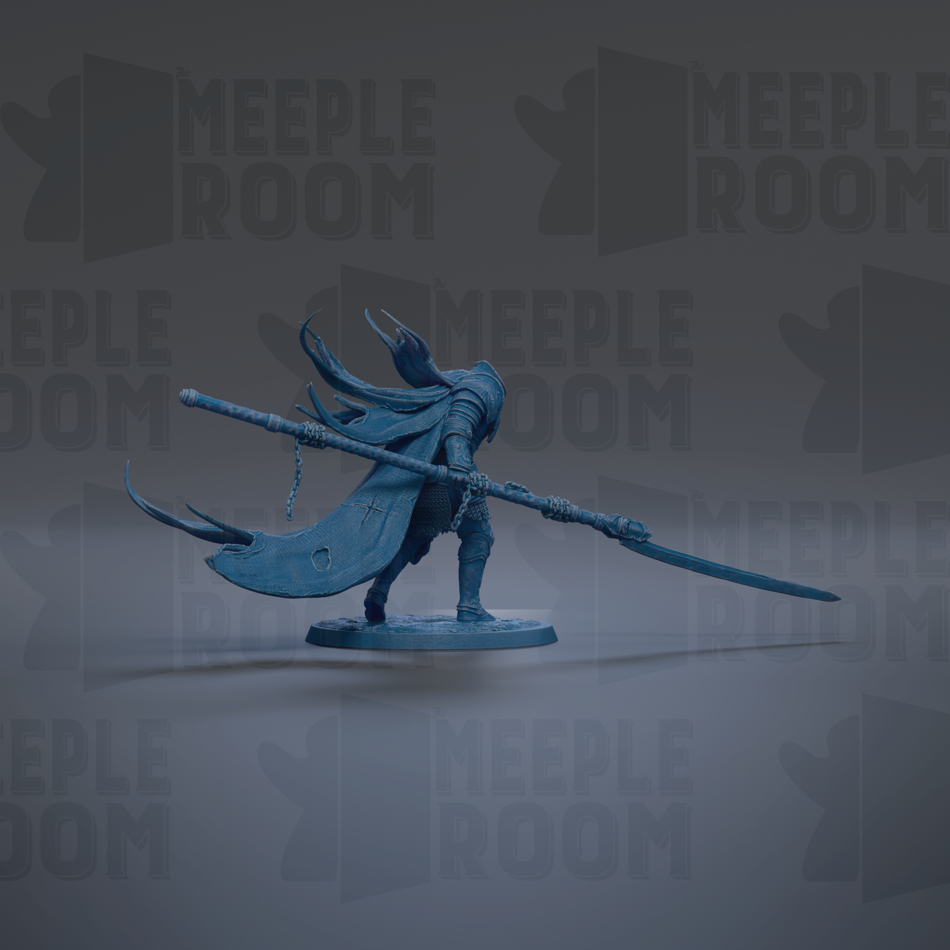A blue figurine of a warrior wielding a sword and shield stands prominently against a dark background with repeated "MEIPLE ROOM" text.