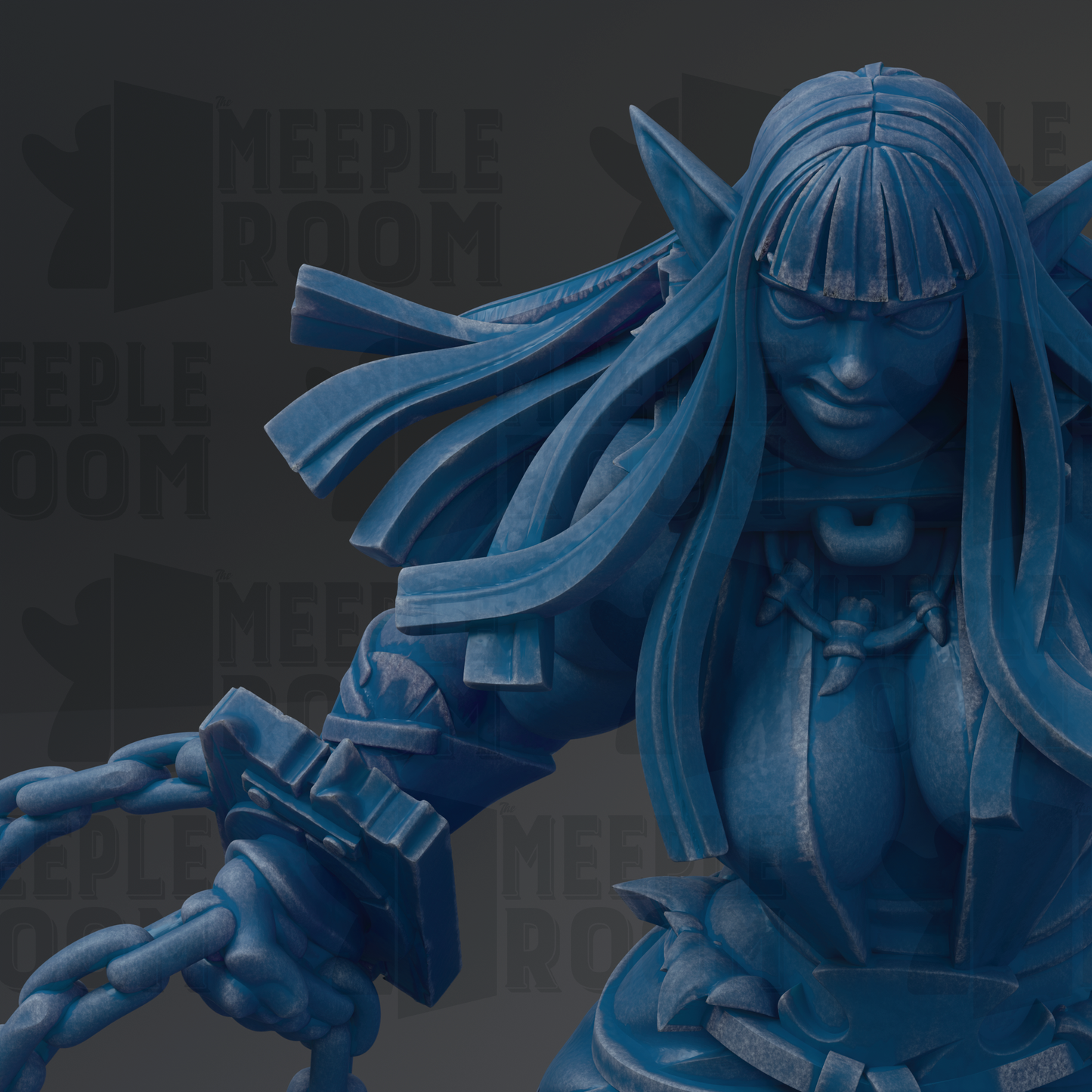 A close-up view of a blue, metallic statue of a female character with long hair and a serious expression.
