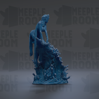 A blue statue of a woman standing on a rock formation, with the text "MEUPLE ROOM" repeated in the background.