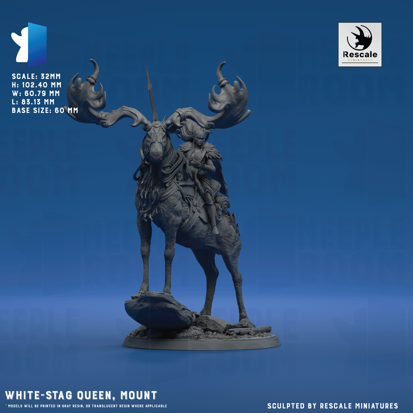 White-Stag Queen by Rescale Miniatures | Miniature | TTRPG | Unpainted | Print on Demand