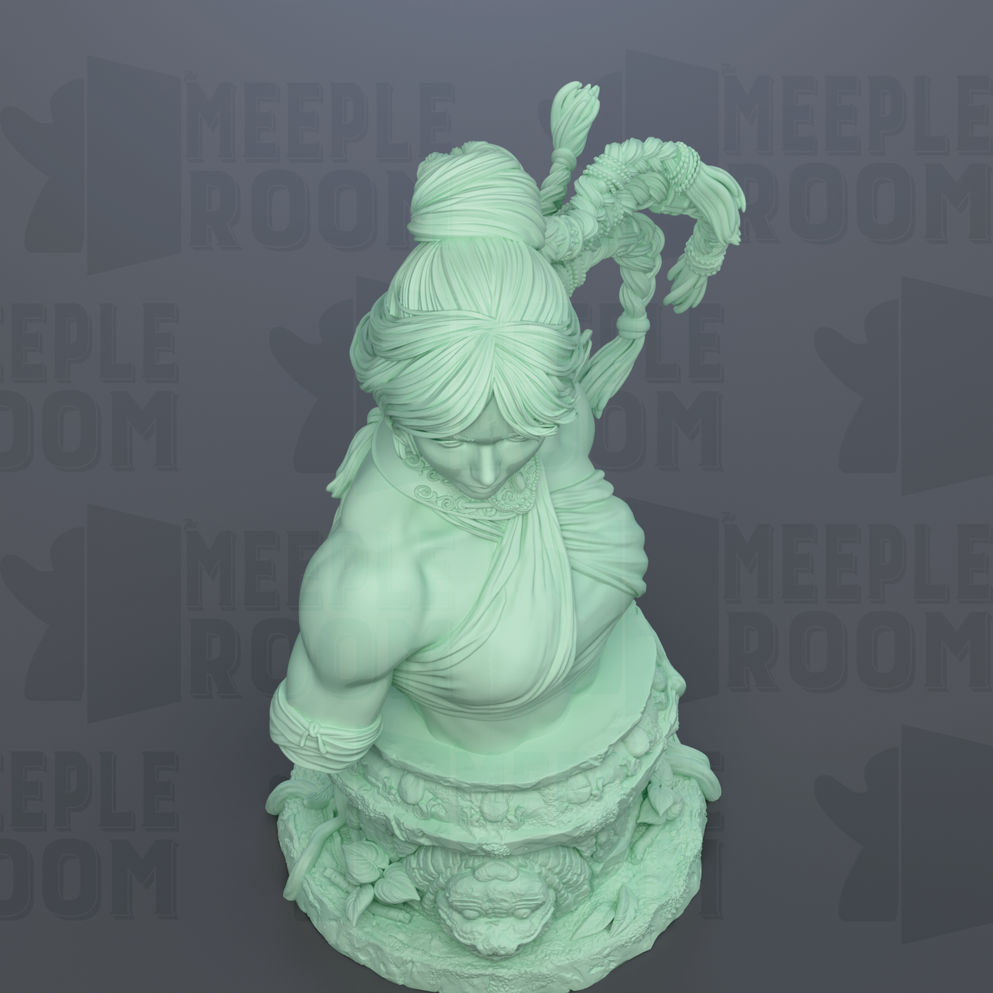 A green statue of a woman with a large headdress, sitting on a pedestal.