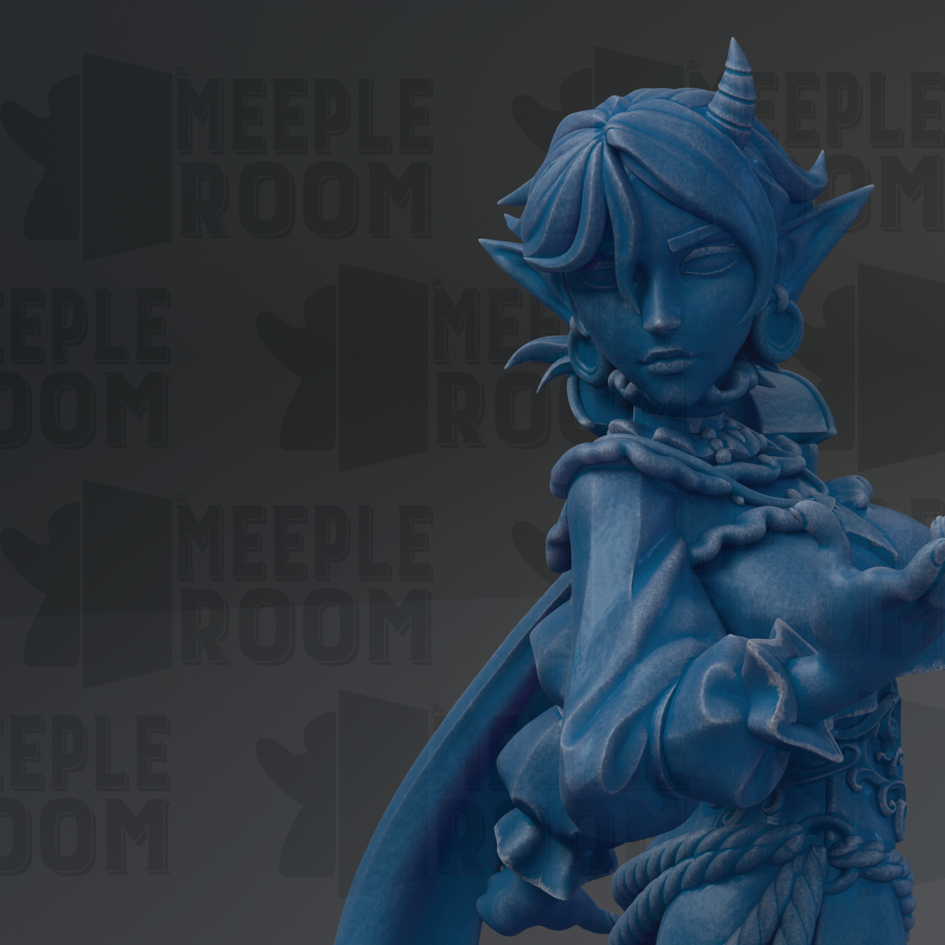A blue statue of a female character with horns and a flowing robe, set against a dark background with repeated text.
