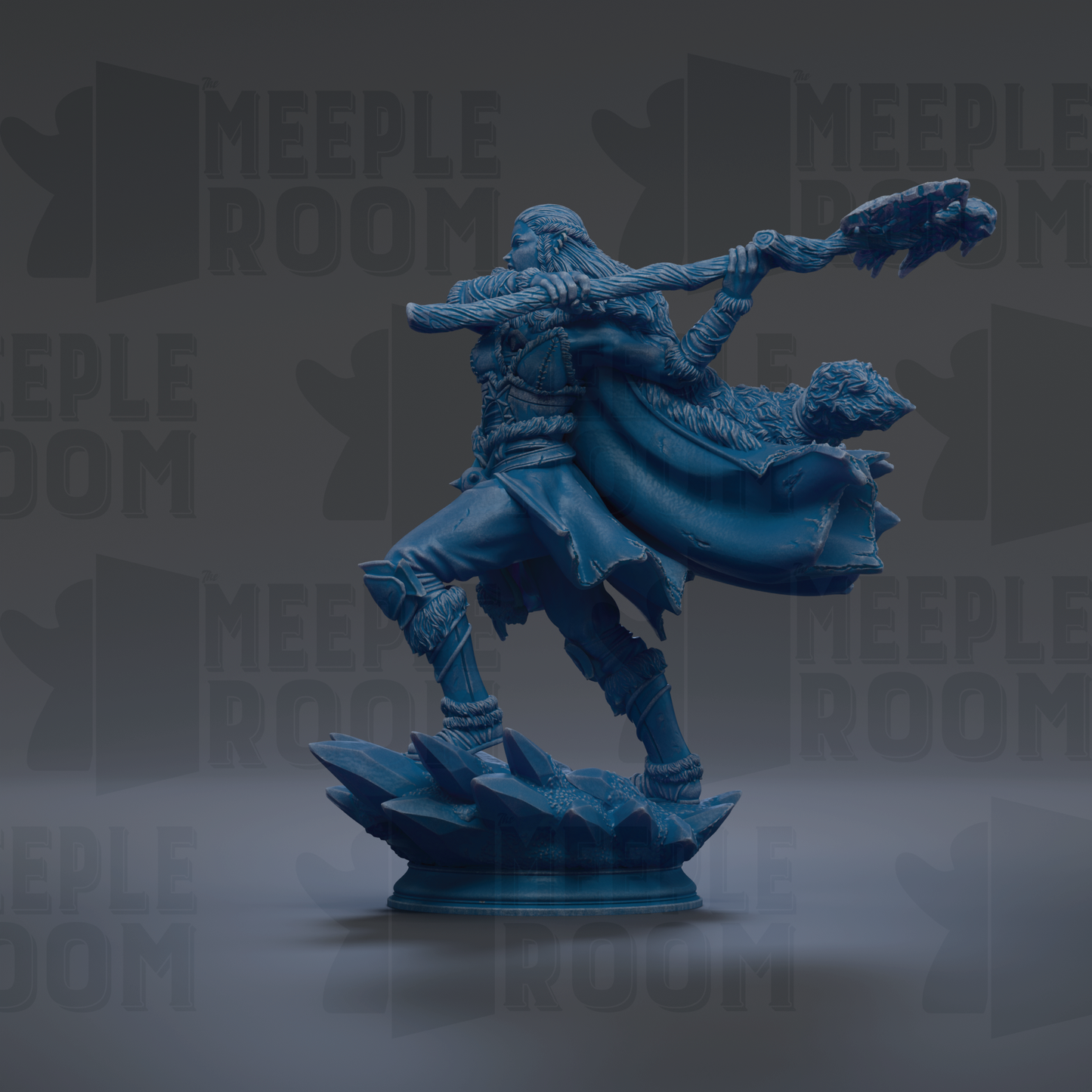 A blue figurine of a warrior figure, holding a spear and shield, standing on a platform against a dark background with repeated text.