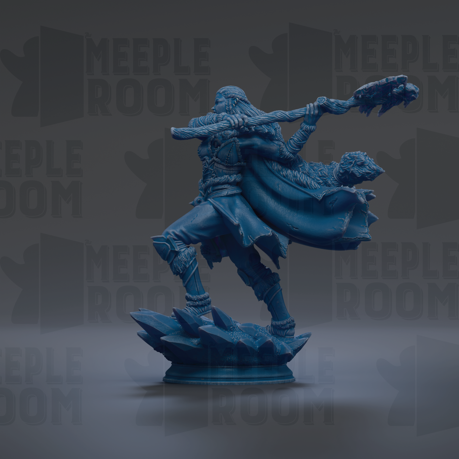 A blue figurine of a warrior figure, holding a spear and shield, standing on a platform against a dark background with repeated text.