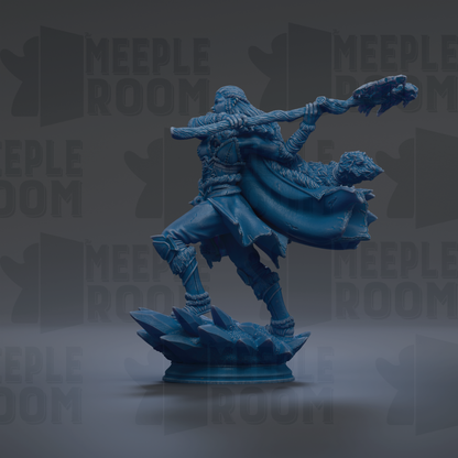 A blue figurine of a warrior figure, holding a spear and shield, standing on a platform against a dark background with repeated text.